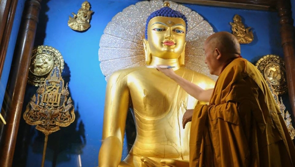Gyaltsab Rinpoche Gilds the Golden Buddha